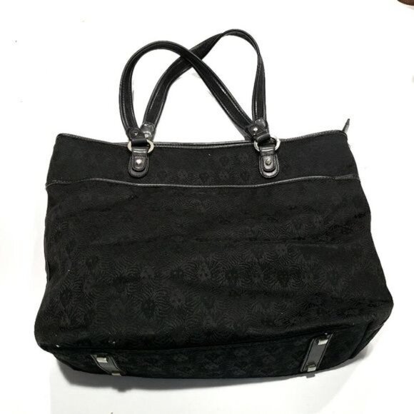 Anne Klein Tote Bag Black Canvas with Lion Print Leather Straps - Picture 2 of 5